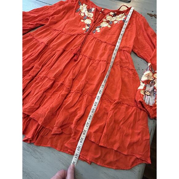 FREE PEOPLE Poppy Red Spell on You Embroidered Mini Peasant Boho Dress Sz XS - Picture 9 of 14